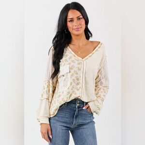 POL Floral Patchwork Crochet Accent Oversized Long Sleeve Top Size M